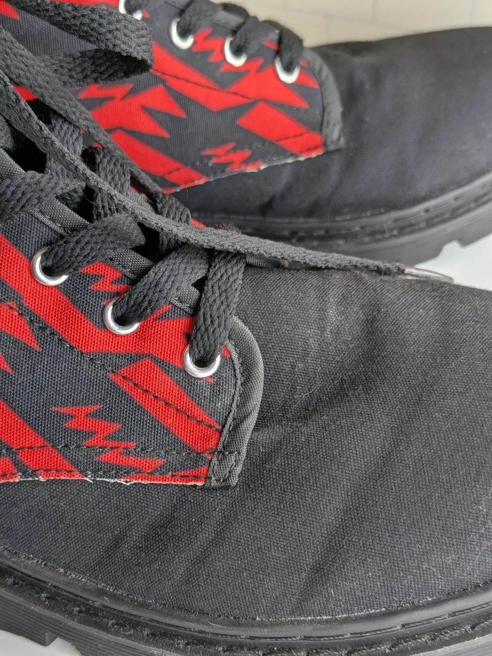 Black Canvas Combat Boots with Red Aztec Pattern, Mens 10
